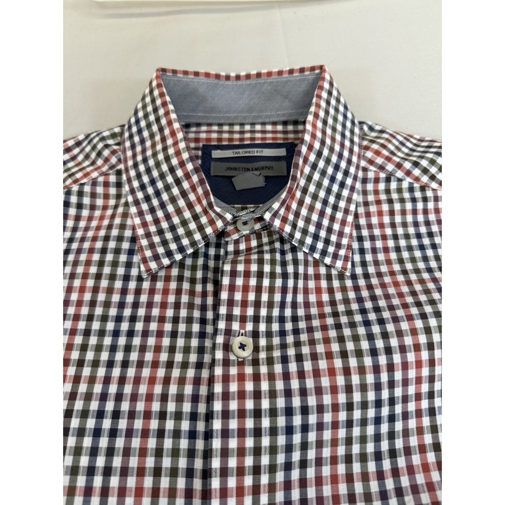 Johnston Murphy Shirt Mens Size Medium Blue Orange Plaid Button Up Tailored Fit - Picture 5 of 16